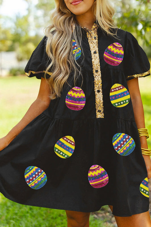 Black Easter Egg Sequin Trim Half Button Puff Sleeve Dress