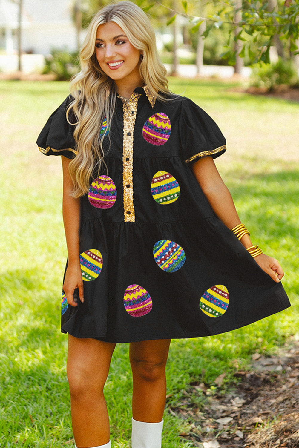 Black Easter Egg Sequin Trim Half Button Puff Sleeve Dress