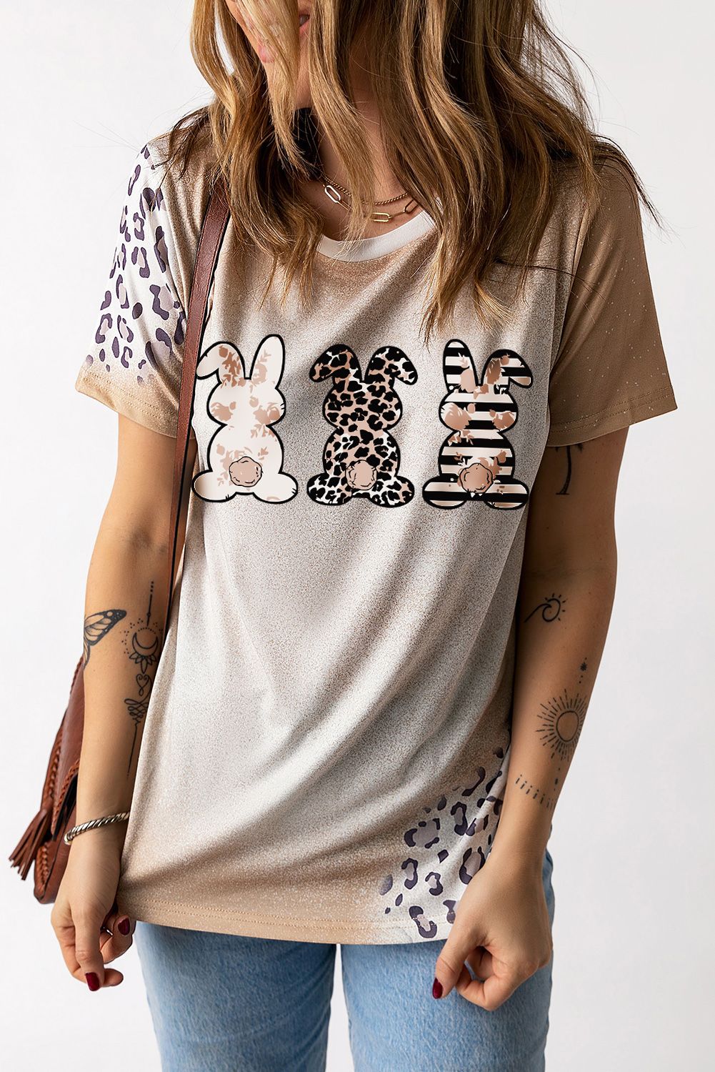 Khaki Easter Bunny Leopard Bleached Print Graphic Tee