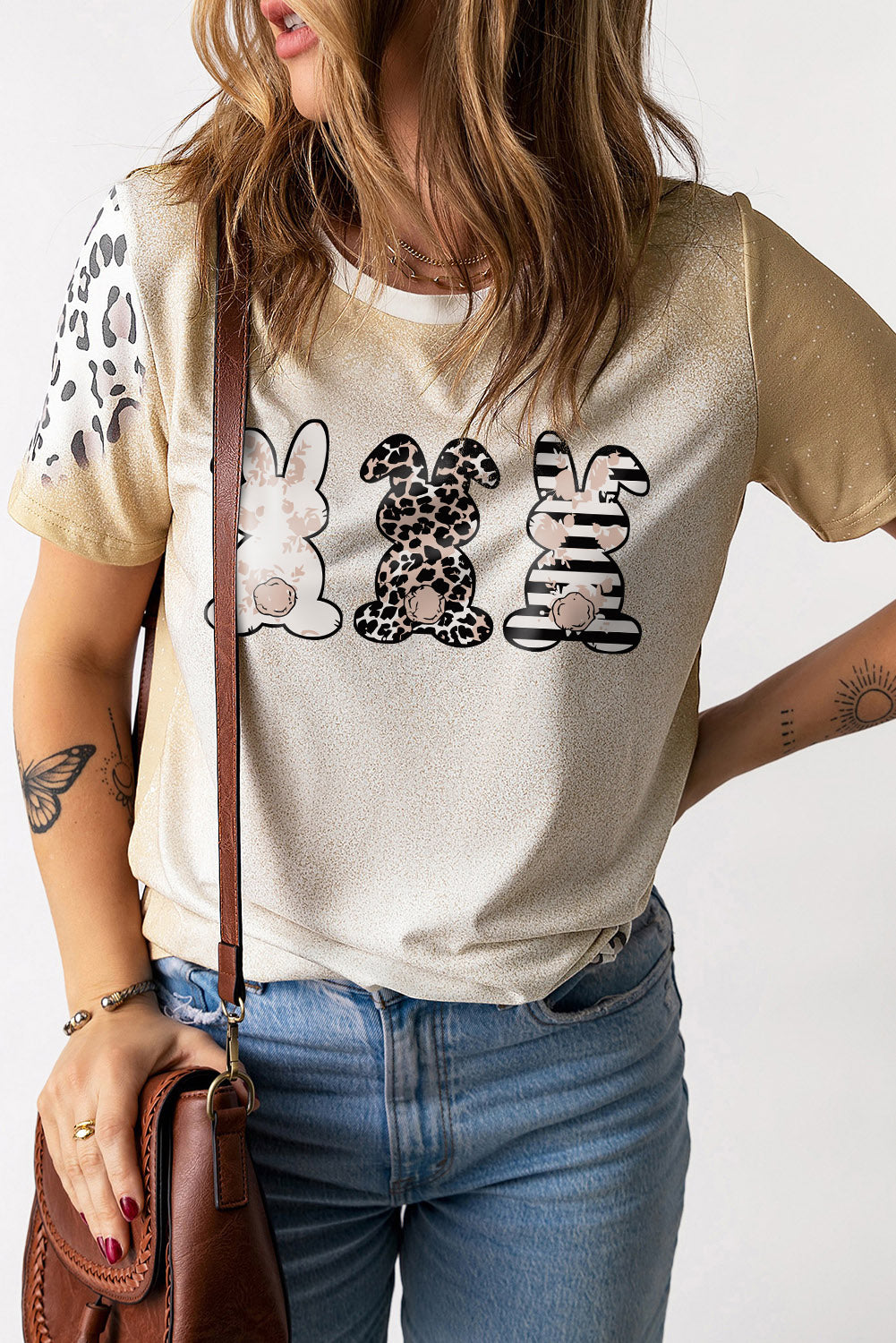 Khaki Easter Bunny Leopard Bleached Print Graphic Tee