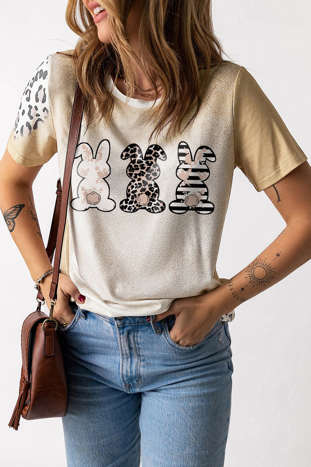 Khaki Easter Bunny Leopard Bleached Print Graphic Tee