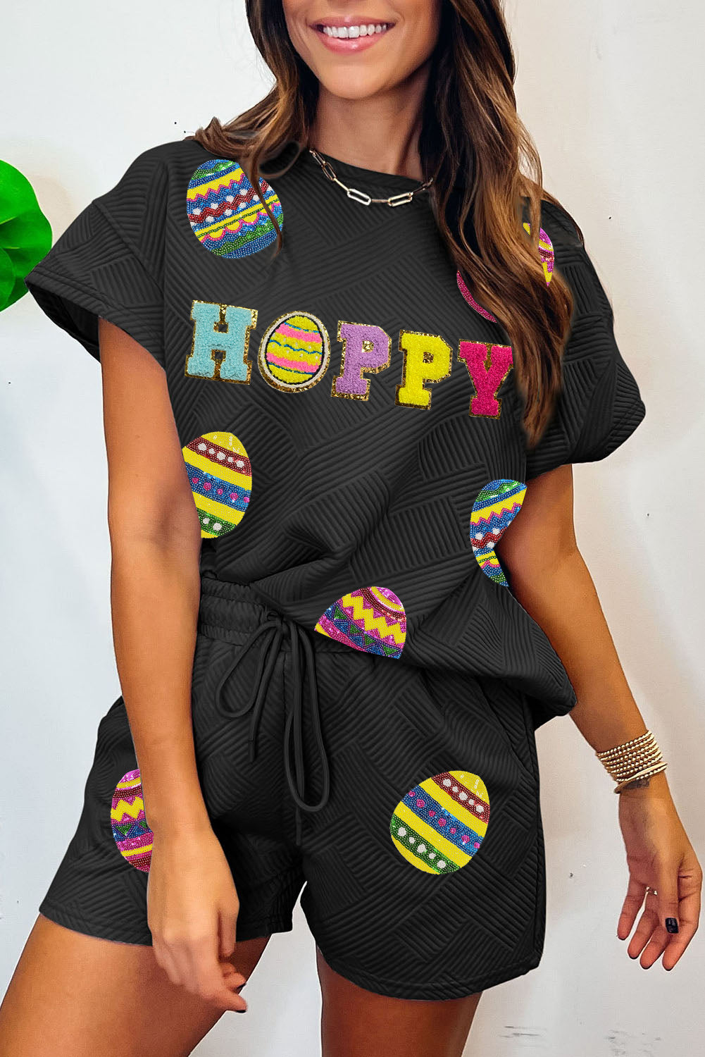 Black Sequin HOPPY Easter Eggs Print Textured Short Outfit