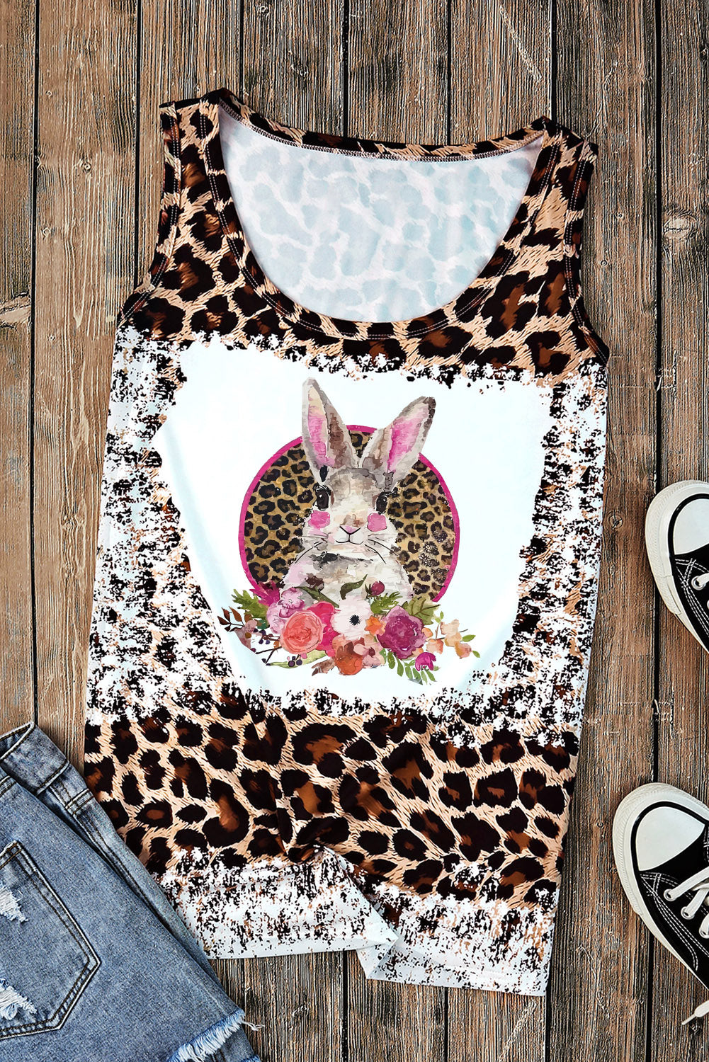 Leopard Easter Rabbit Bleached Graphic Tank Top