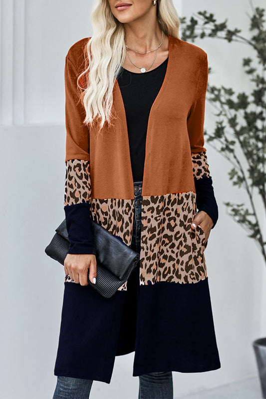 Orange Leopard Splicing Colorblock Cardigan