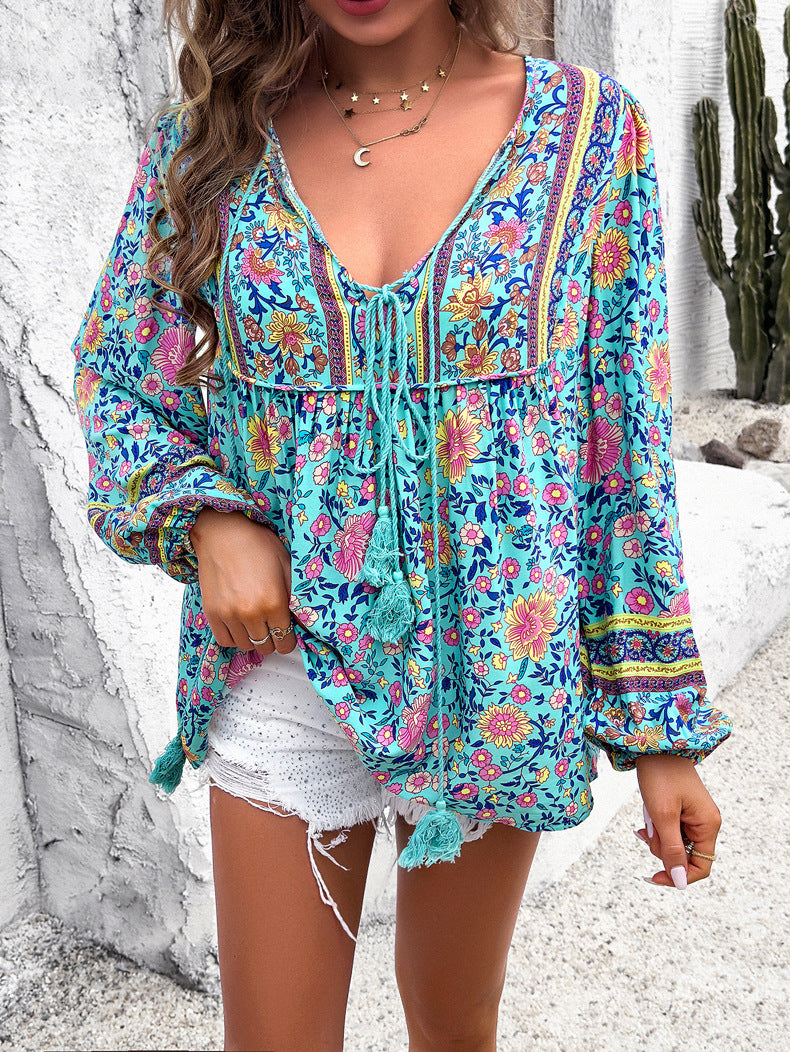 Printed V-neck Top Drawstring Short  Sleeve Shirt