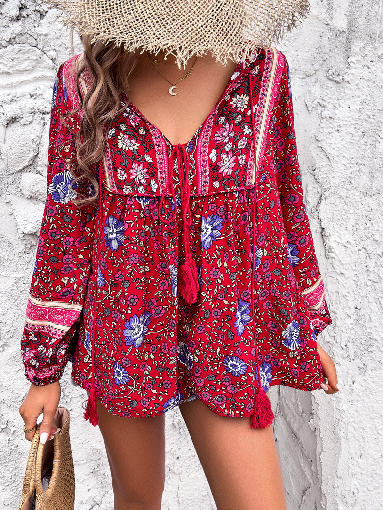 Printed V-neck Top Drawstring Short  Sleeve Shirt