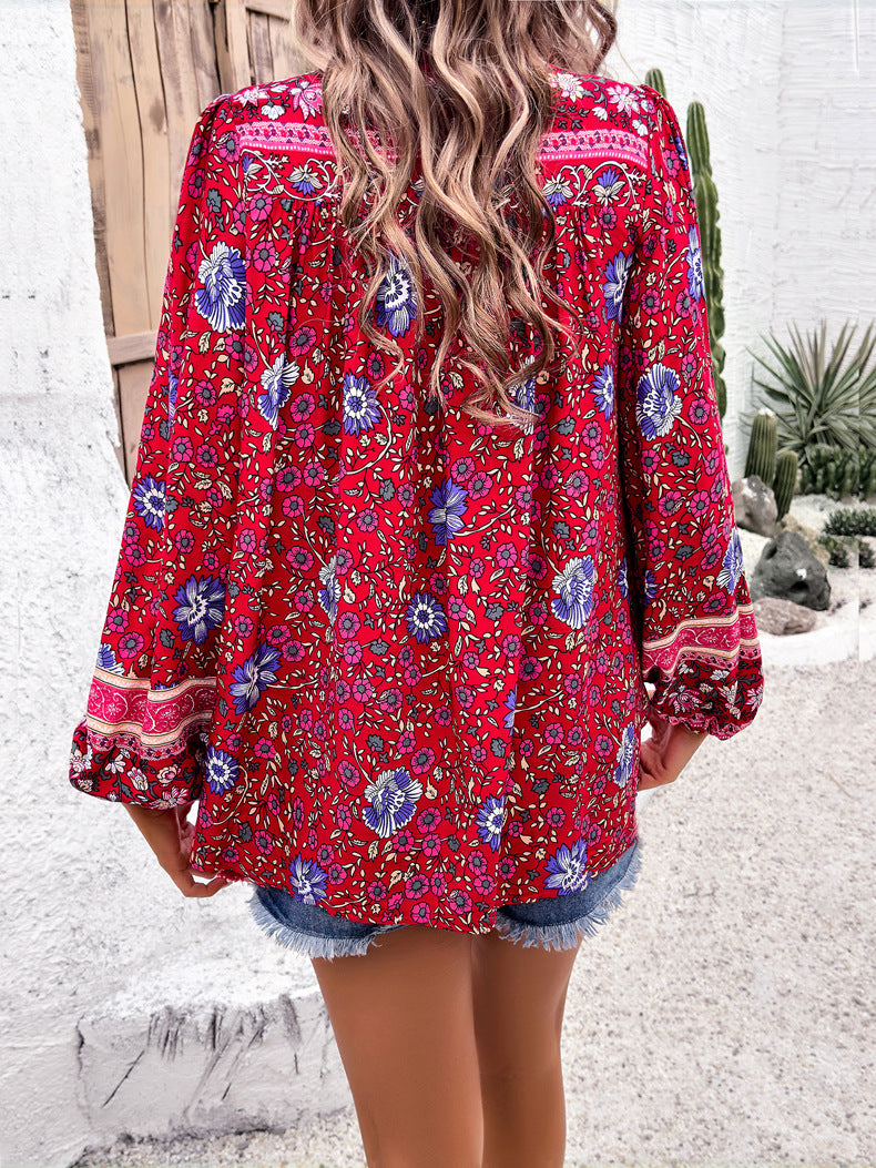 Printed V-neck Top Drawstring Short  Sleeve Shirt