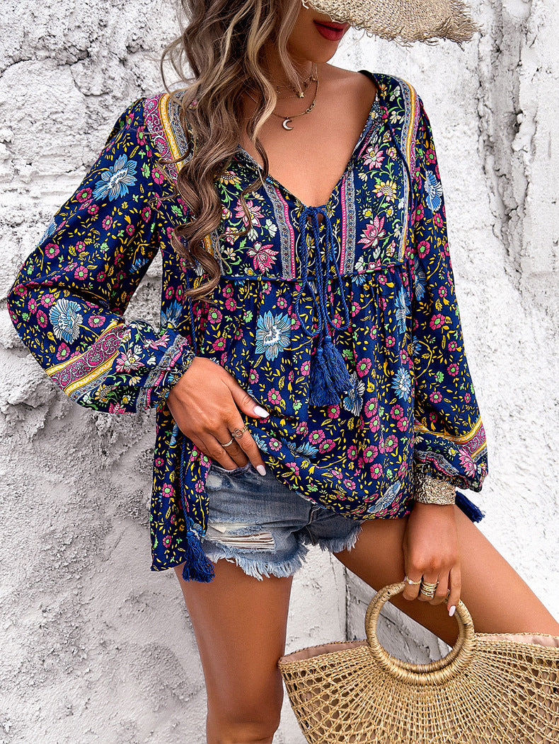 Printed V-neck Top Drawstring Short  Sleeve Shirt