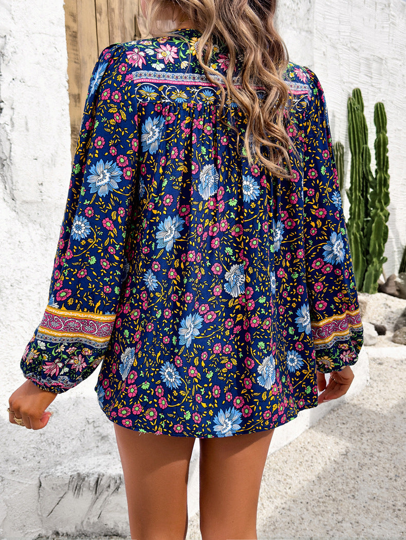 Printed V-neck Top Drawstring Short  Sleeve Shirt