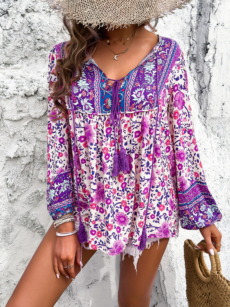 Printed V-neck Top Drawstring Short  Sleeve Shirt