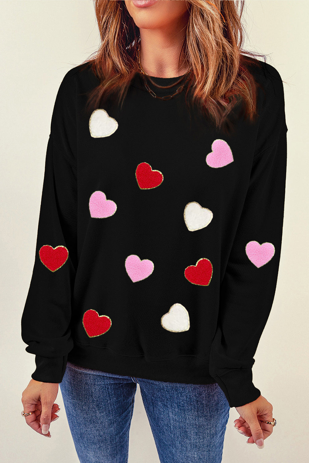 Black Heart Shaped Chenille Embroidered Crew Neck Sweatshirt