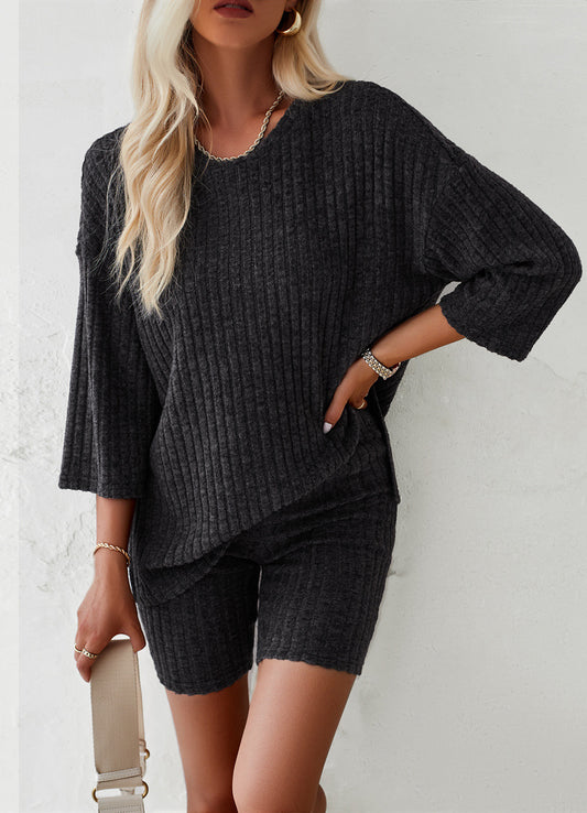 Rib Knit Casual Short-Sleeved Top And Shorts Set