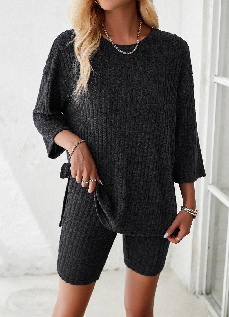 Rib Knit Casual Short-Sleeved Top And Shorts Set