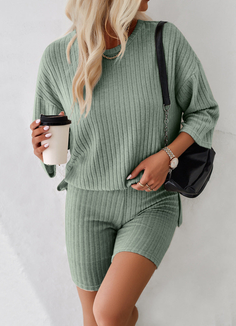 Rib Knit Casual Short-Sleeved Top And Shorts Set