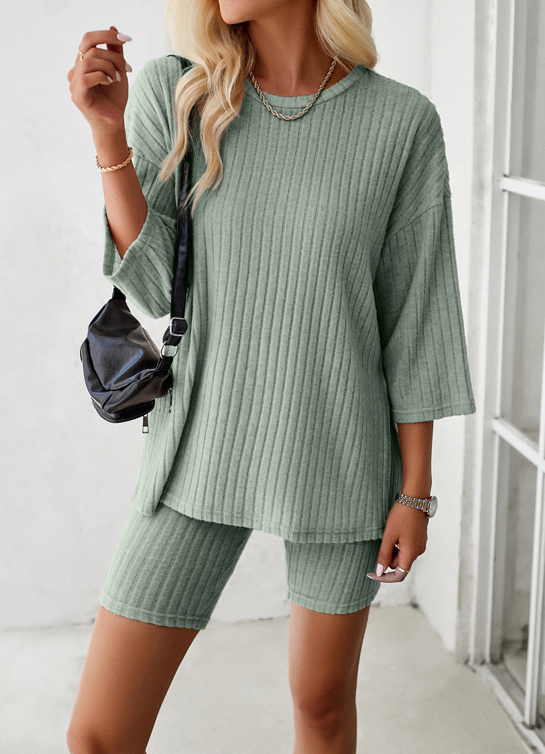 Rib Knit Casual Short-Sleeved Top And Shorts Set