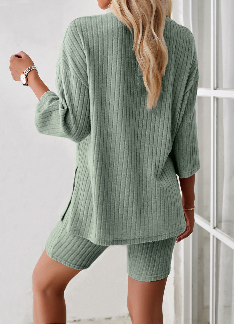 Rib Knit Casual Short-Sleeved Top And Shorts Set