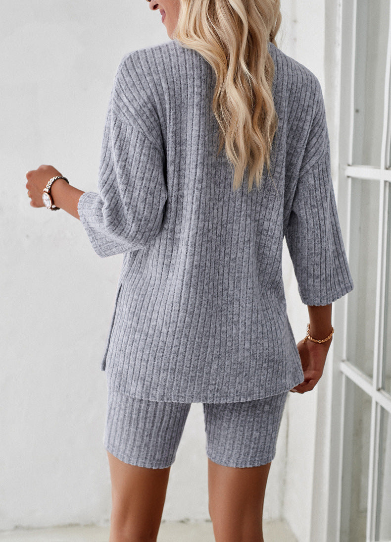 Rib Knit Casual Short-Sleeved Top And Shorts Set