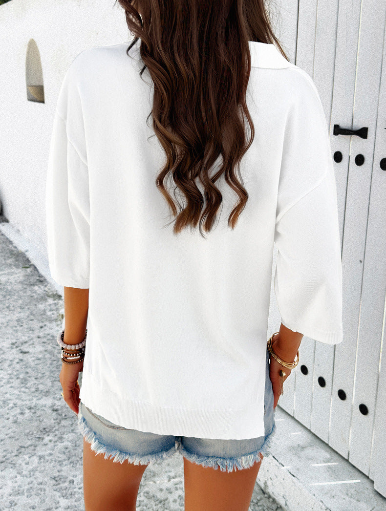 Casual Lapel V Neck Long Sleeve Knitted Pullover Sweater