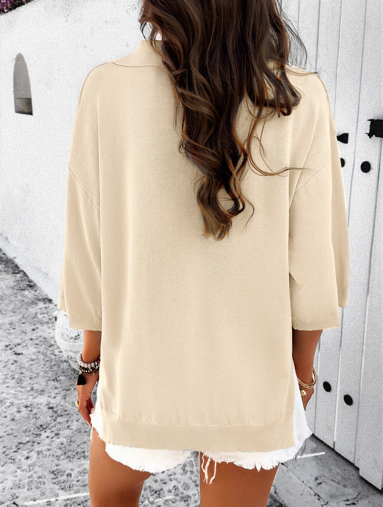 Casual Lapel V Neck Long Sleeve Knitted Pullover Sweater