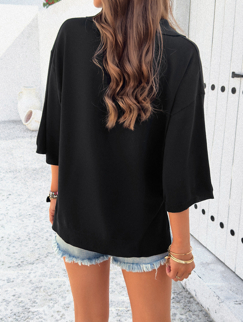 Casual Lapel V Neck Long Sleeve Knitted Pullover Sweater