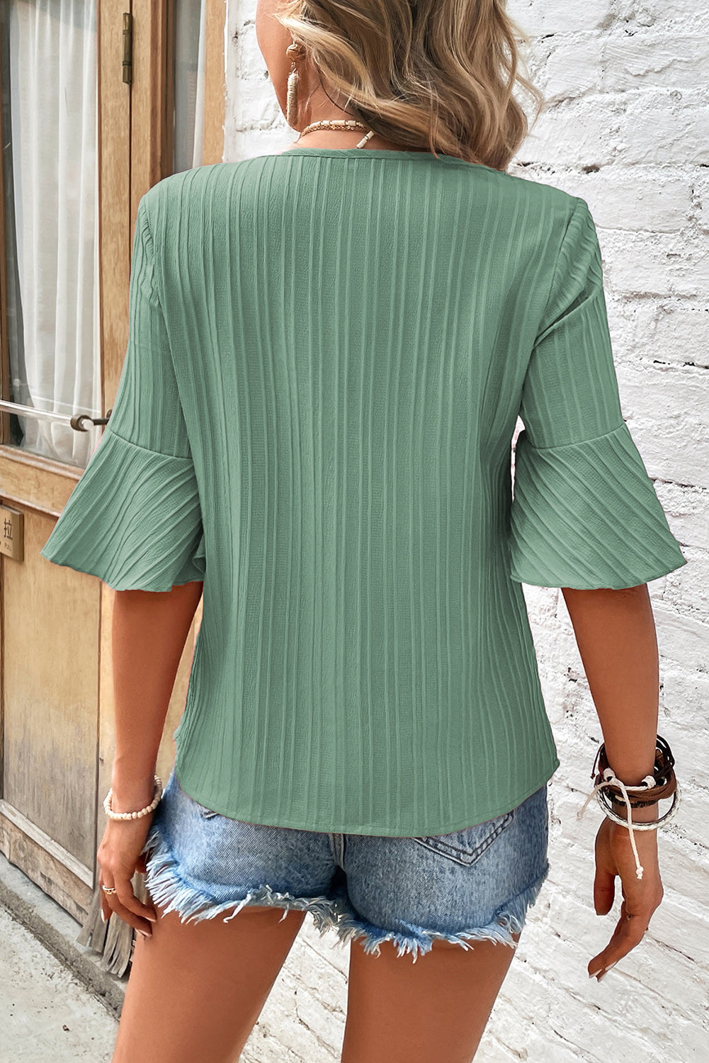 Ruffled Half Sleeve V Neck Textured Top