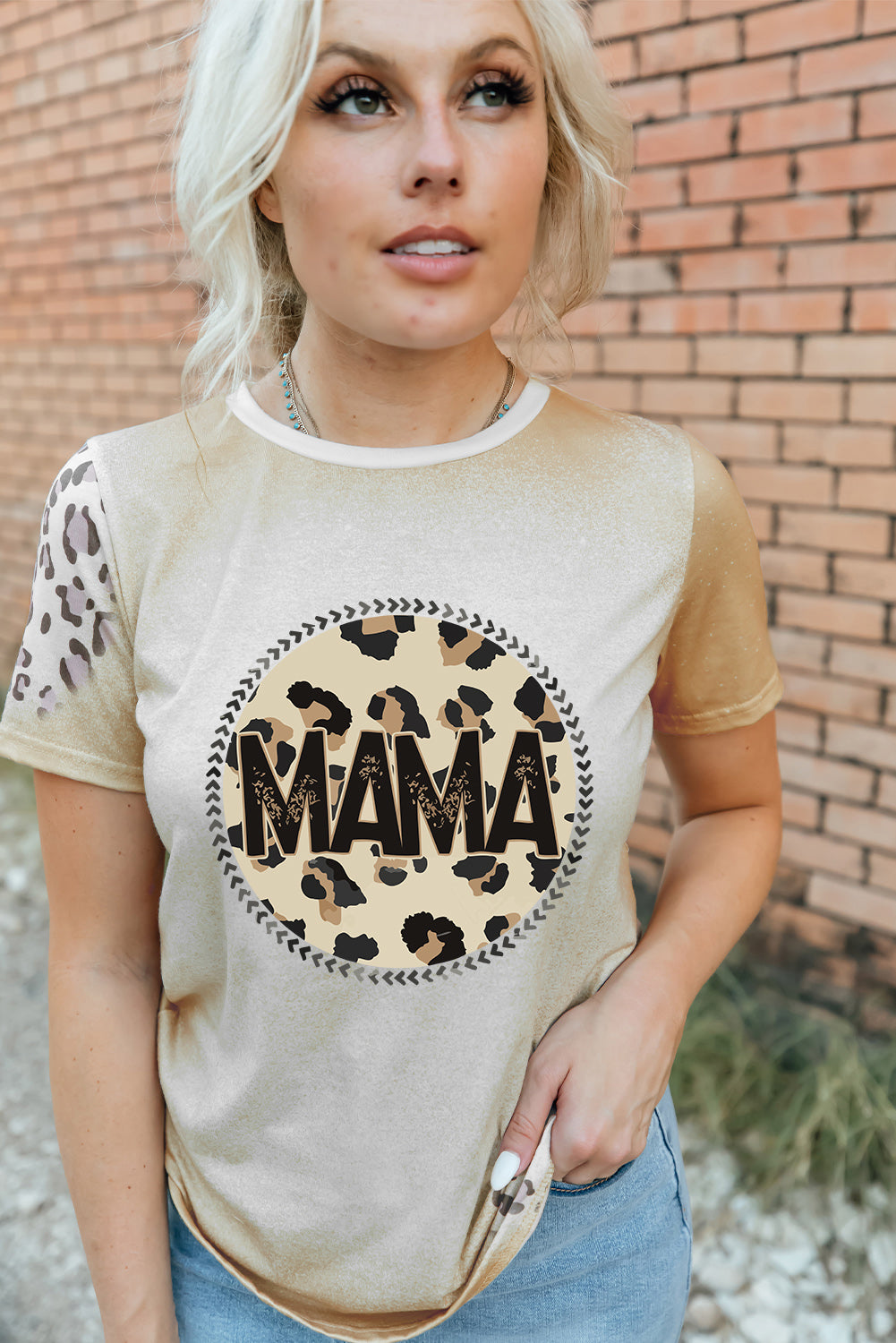 Khaki MAMA Leopard Bleached Print Crew Neck T Shirt