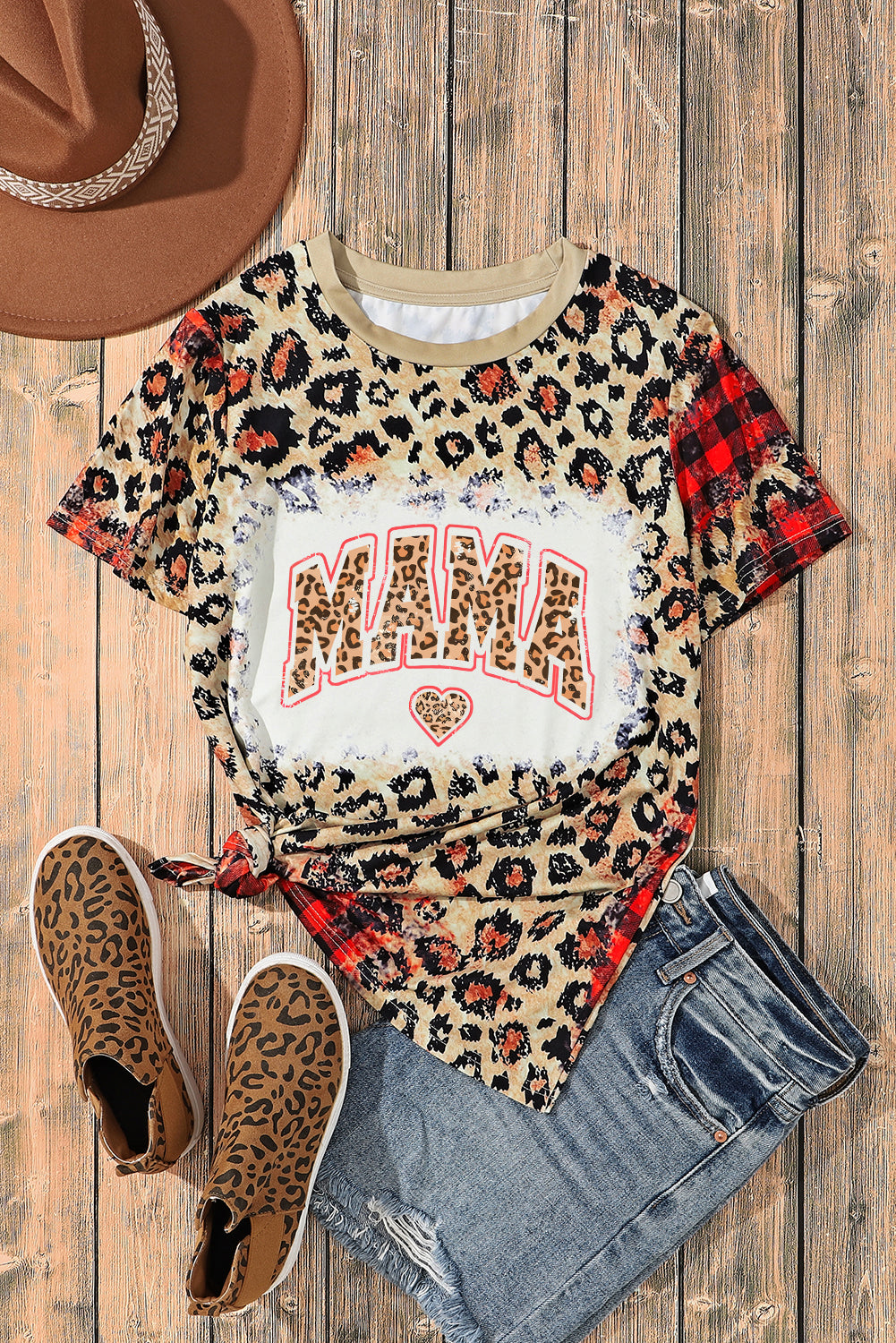 Leopard MAMA Heart Plaid Print O Neck T Shirt