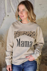 Khaki Mama Leopard Print Crewneck Pullover Sweatshirt