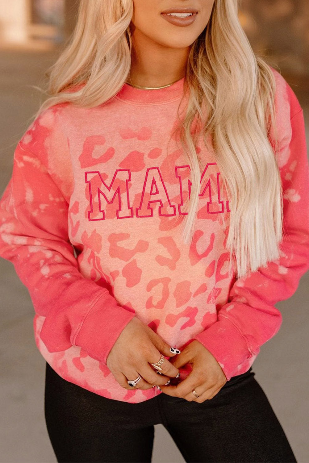 Pink MAMA Leopard Print Crew Neck Pullover Sweatshirt