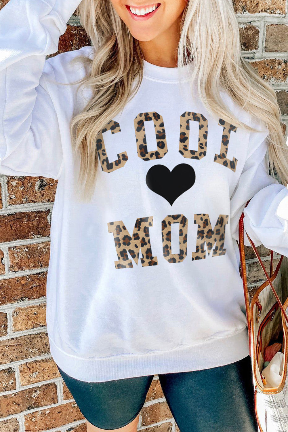 White COOL MOM Leopard Heart Print Pullover Sweatshirt