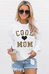 White COOL MOM Leopard Heart Print Pullover Sweatshirt