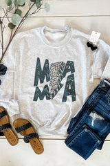 Gray MAMA Lightning Leopard Print Long Sleeve Sweatshirt