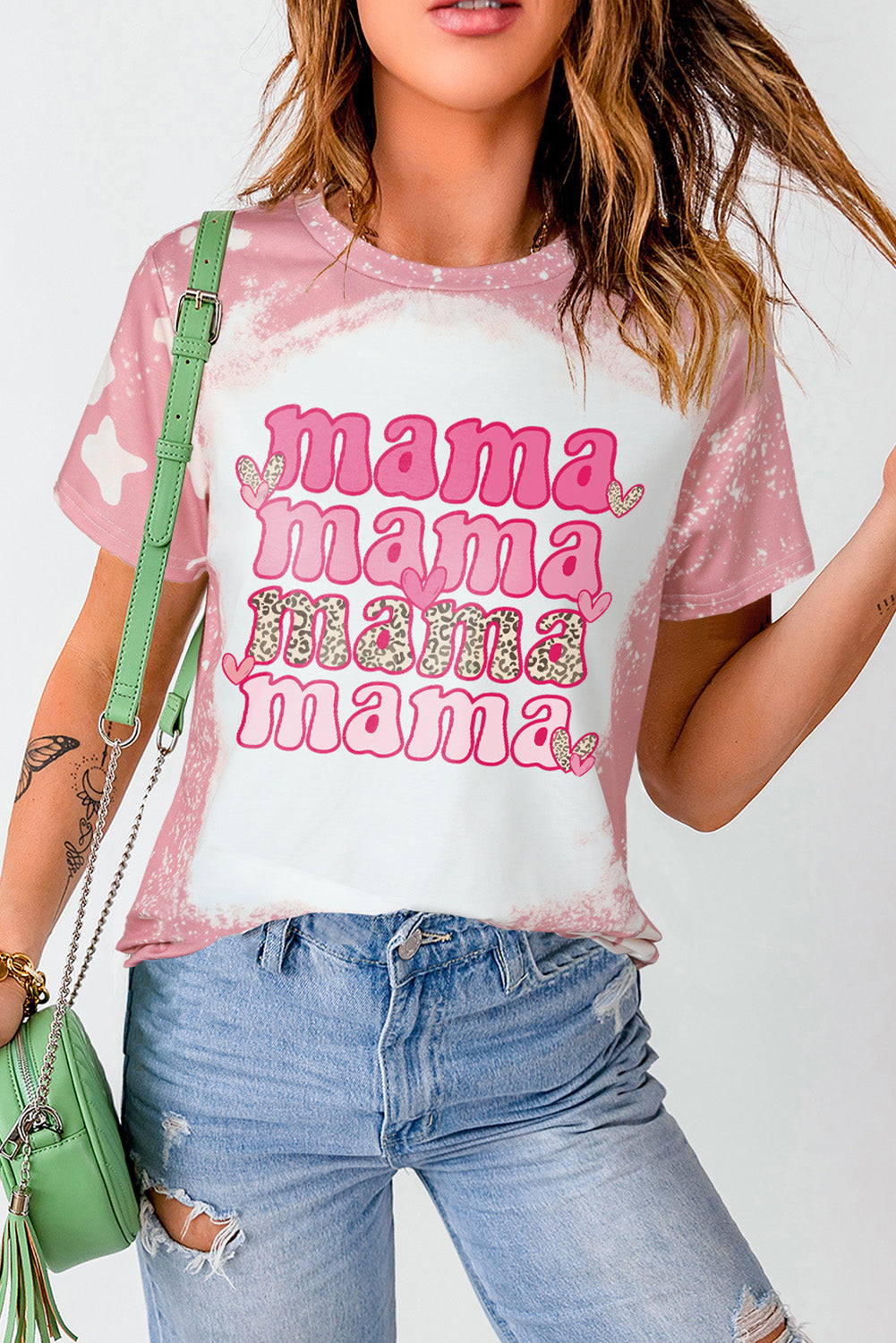 Pink Mama Leopard Heart Bleached Graphic T Shirt