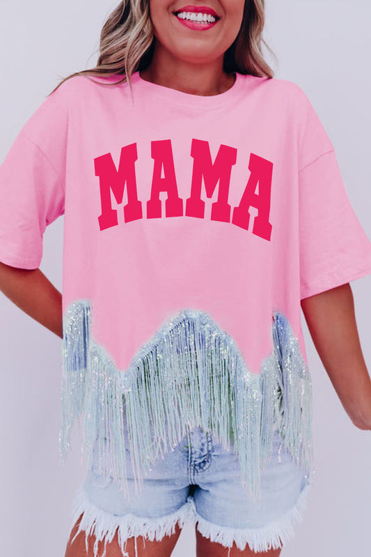 Pink MAMA Letter Print Sequined Tassel Hem T-shirt