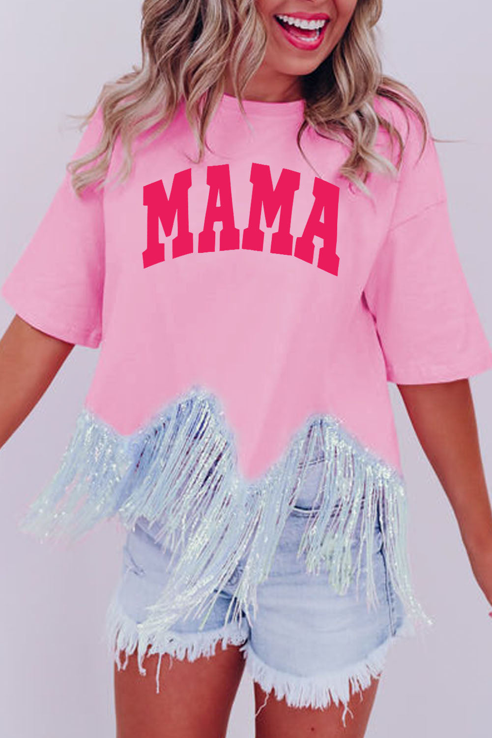 Pink MAMA Letter Print Sequined Tassel Hem T-shirt