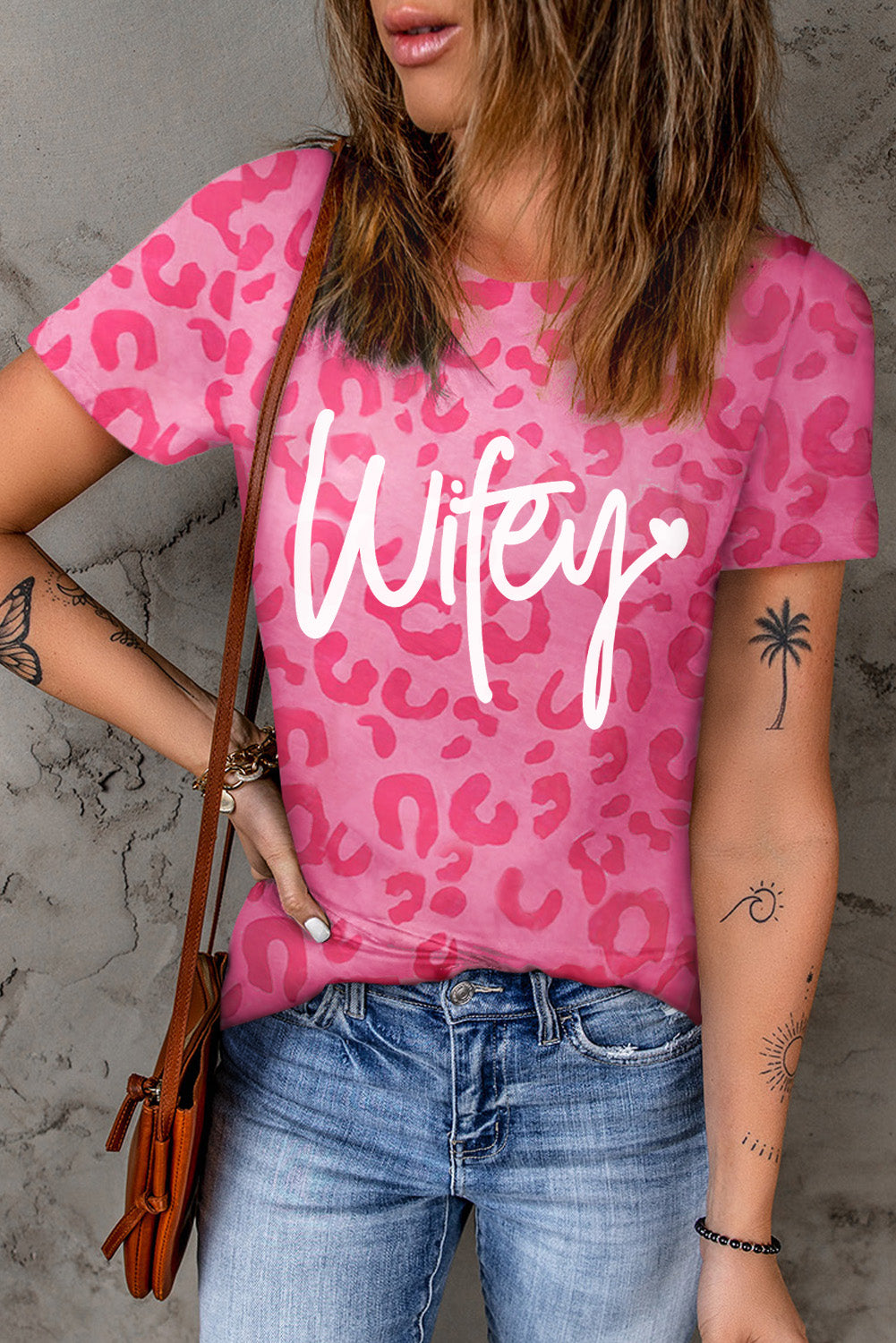 Leopard Wifey Heart Shape Round Neck T Shirt