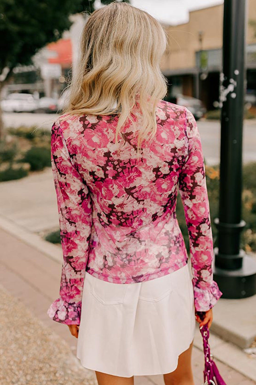 Rose Floral Mesh Flounce Sleeve Mock Neck Blouse