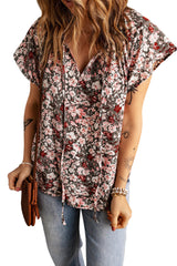 Multicolor V-neck Short Sleeve Fashion Print Fantasy Fluttering Blouse