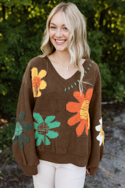 Big Flower Pattern V Neck Drop Shoulder Sweater