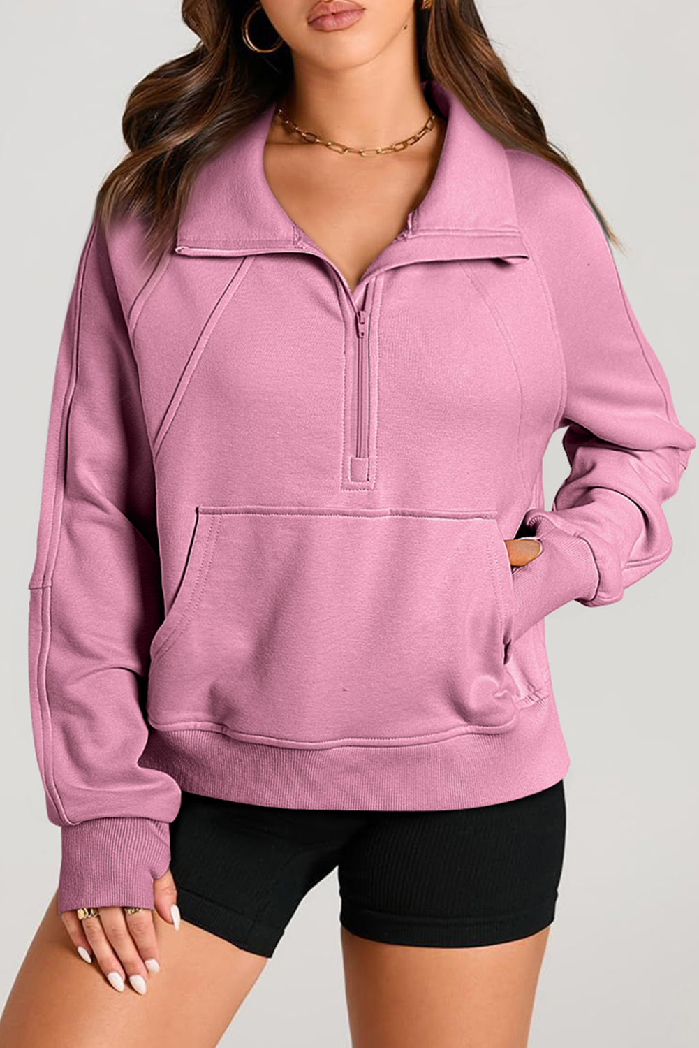 Solid Color Quarter Zip Stand Neck Kangaroo Pocket Sweatshirt