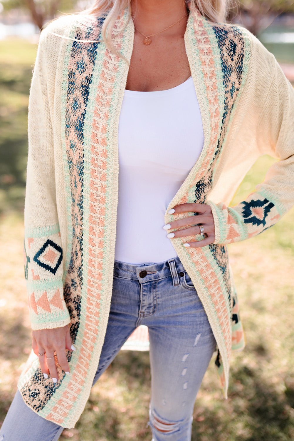 Apricot  Aztec Print Open Front Cardigan