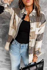 Khaki Plaid Color Block Buttoned Long Sleeve Jacket with Pocket