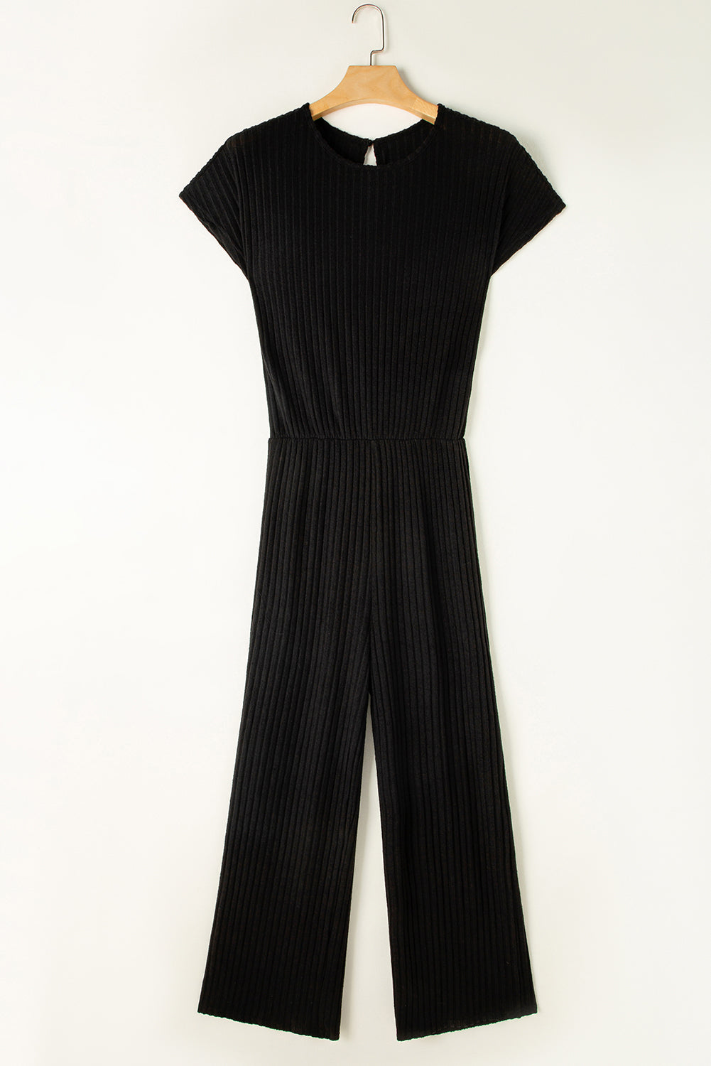 Solid Color Ribbed Short Sleeve Wide Leg Jumpsuit