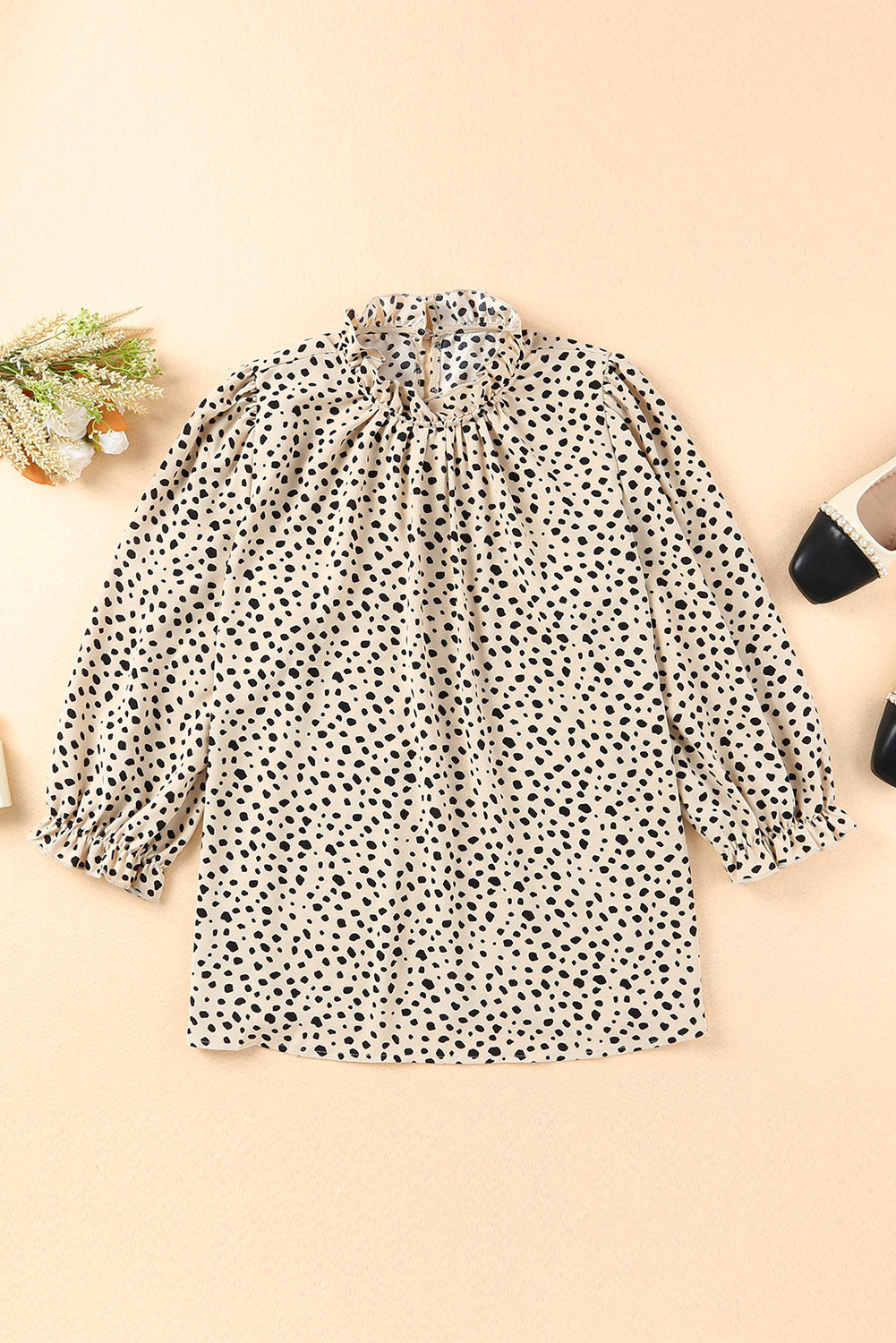 Khaki Frilled Neck 3/4 Sleeves Cheetah Blouse