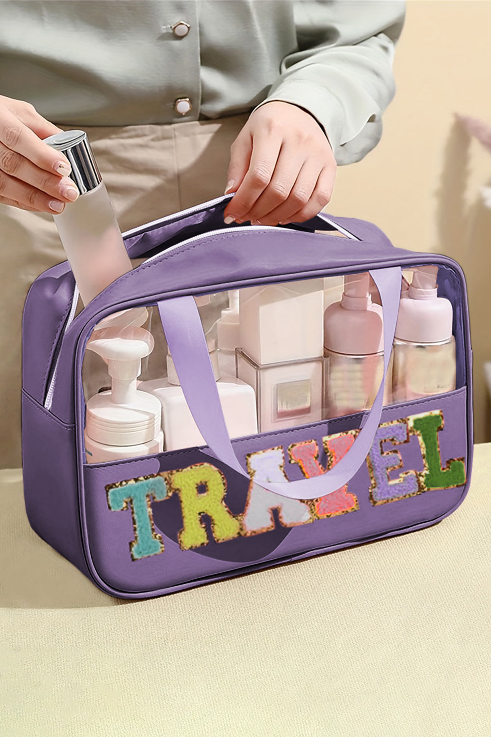 Parchment TRAVEL Chenille Letter Clear PVC Makeup Bag