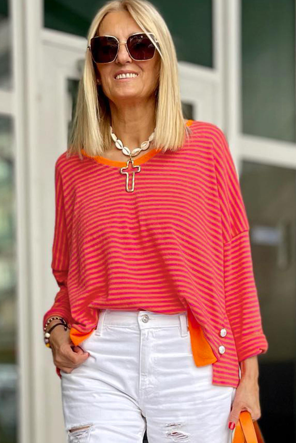 Two Tone Striped Side Buttons Drop Shoulder Top