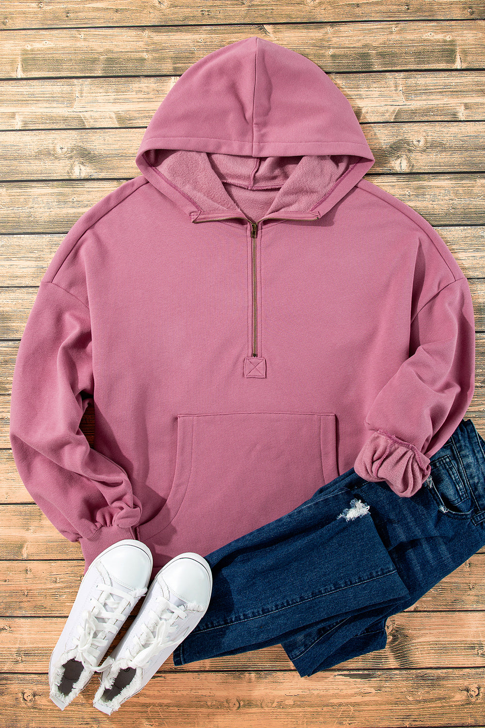 Fleece Lined Half Zipper Kangaroo Pockets Loose Hoodie