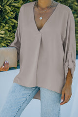 Apricot V Neck 3/4 Sleeve High Low Hem Shirt