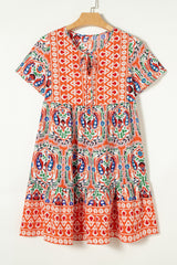 Multicolor Bohemian Print Tie Neck Ruffle Hem Short Dress