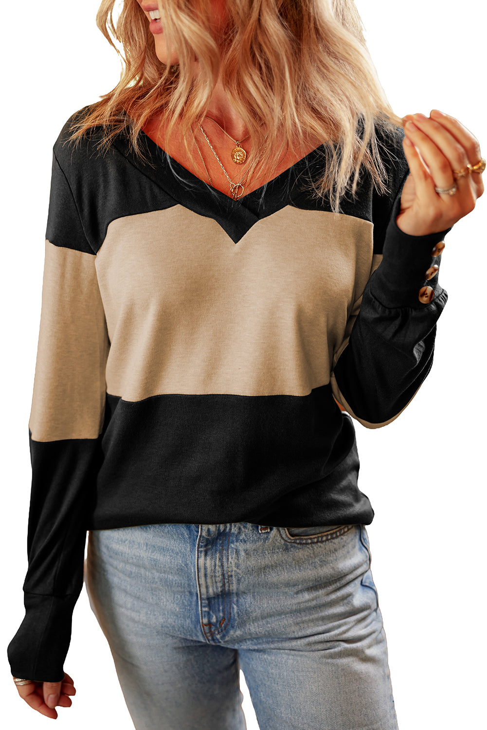 Stripe Colorblock Button Decor Long Sleeve V Neck Top